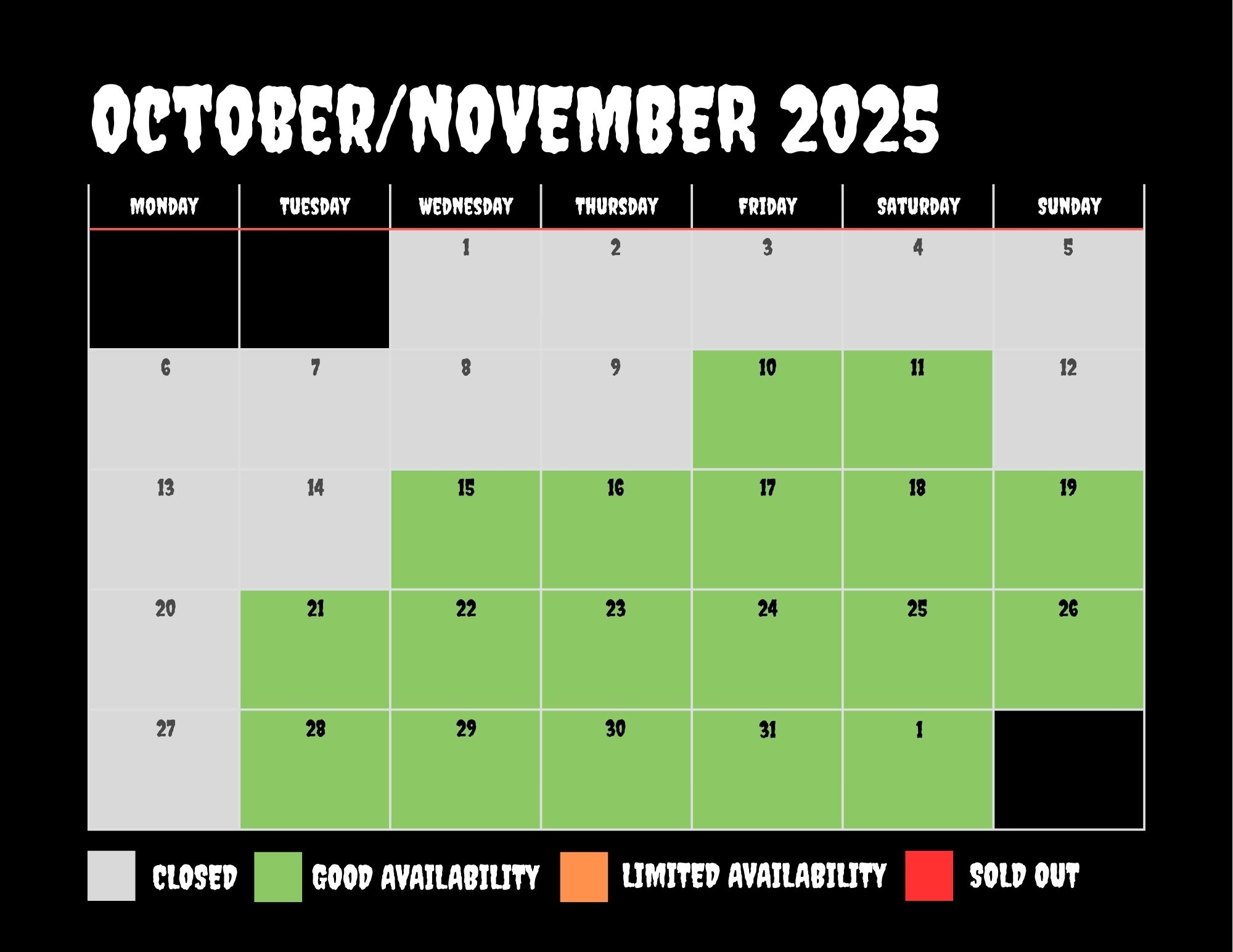 October availability calendar 