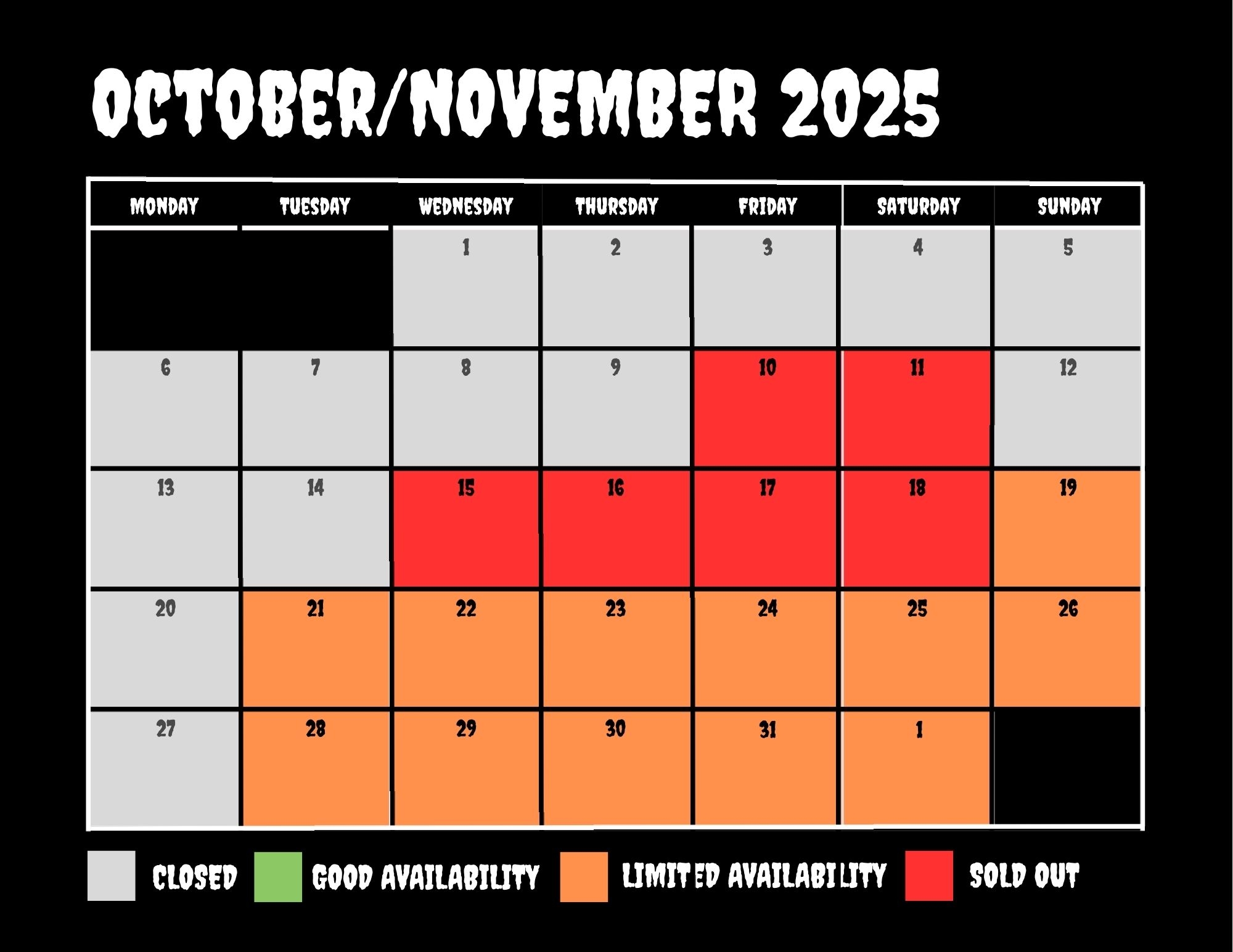 October availability calendar 2025 19 Oct